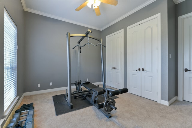 exercise room featuring ceiling fan, crown molding, and light carpet