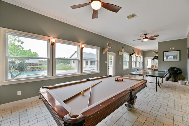 recreation room featuring pool table, ceiling fan, light tile floors, and ornamental molding