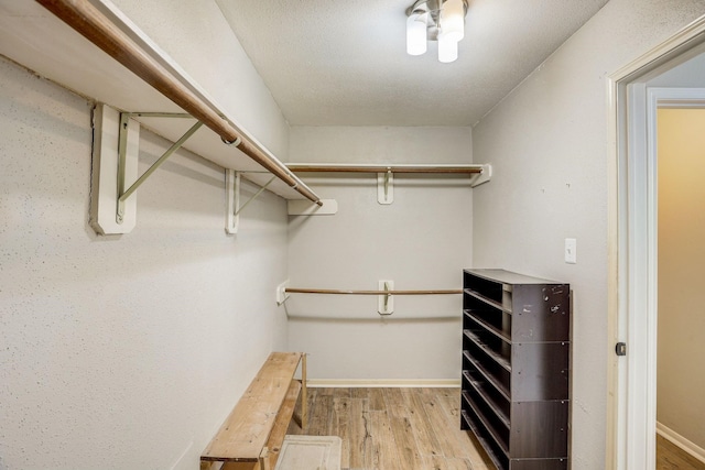 walk in closet with light wood finished floors