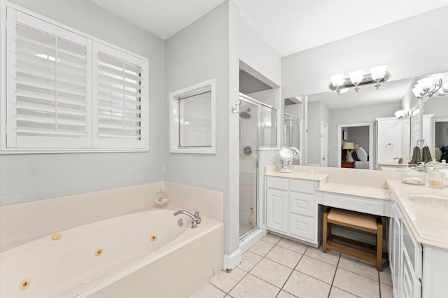 bathroom with separate shower and tub, tile patterned flooring, and vanity