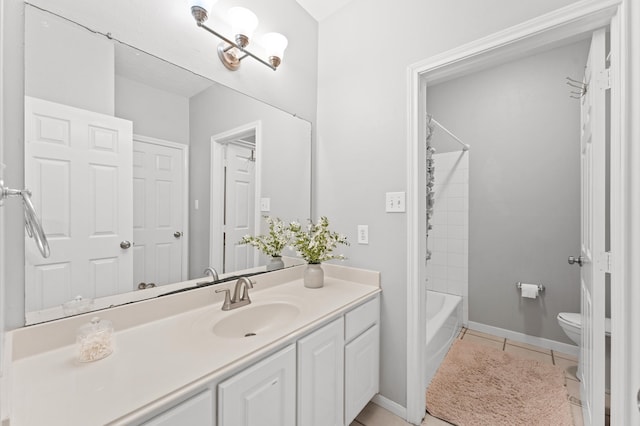 full bathroom with tile patterned flooring, vanity, bathtub / shower combination, and toilet