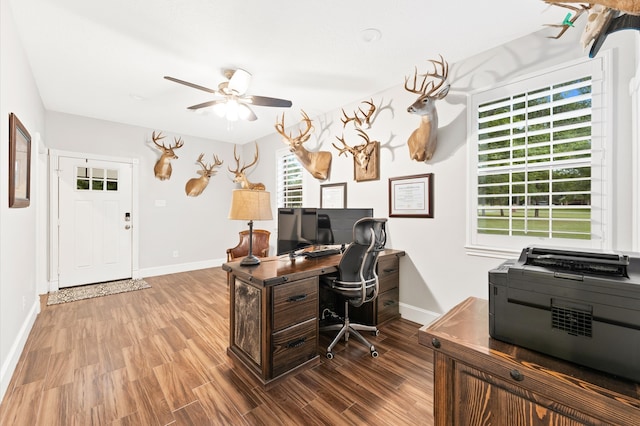 office with plenty of natural light, ceiling fan, and wood-type flooring