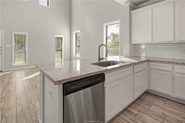 kitchen featuring white cabinets, kitchen peninsula, backsplash, sink, and dishwasher