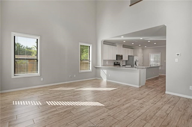 unfurnished living room with a wealth of natural light, a high ceiling, and light hardwood / wood-style floors