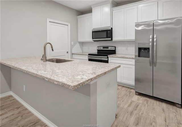 kitchen featuring light wood-type flooring, stainless steel appliances, white cabinets, sink, and tasteful backsplash