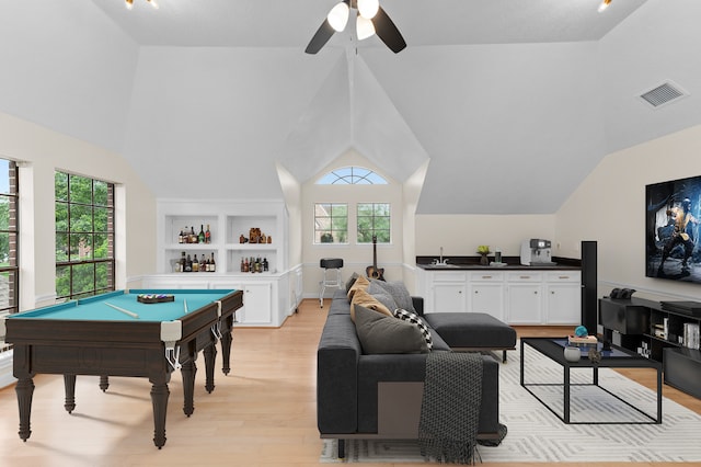 17402 Wilton Park Ct, Spring, TX 77379 - rec room with light hardwood / wood-style floors, built in features, billiards, ceiling fan, and vaulted ceiling