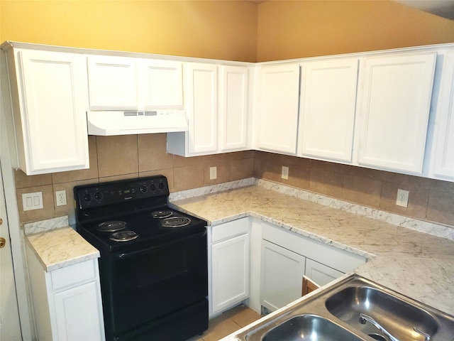 kitchen with white cabinetry, custom range hood, electric range, sink, and tasteful backsplash