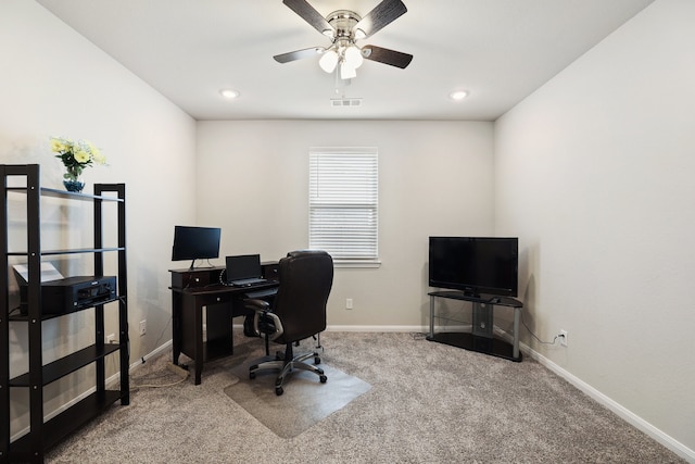 office space with ceiling fan and carpet floors