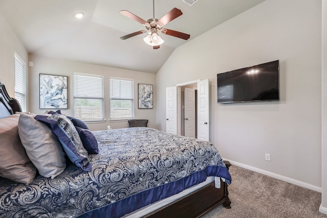 bedroom featuring carpet, ceiling fan, and lofted ceiling