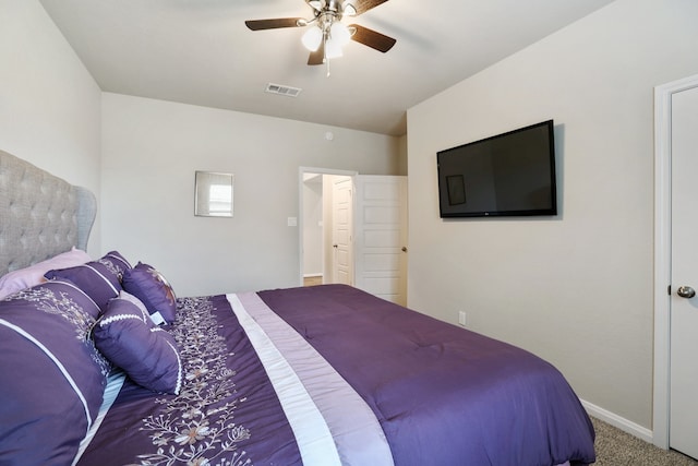 bedroom featuring ceiling fan and carpet floors