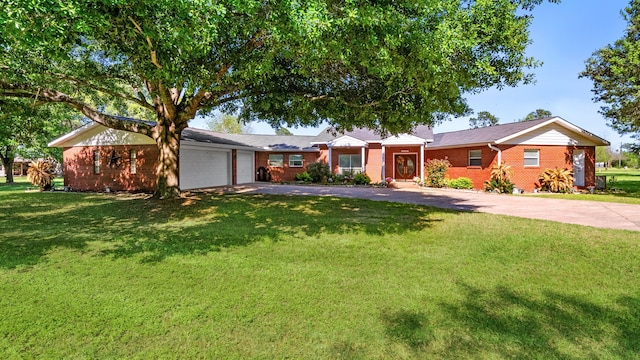 ranch-style house with a front yard and a garage