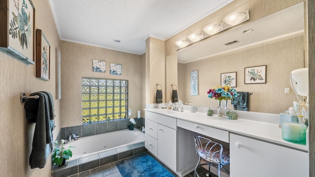 bathroom featuring vanity, crown molding, and tiled tub