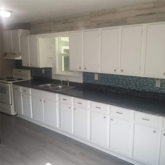 kitchen with white cabinets, hardwood / wood-style flooring, electric stove, backsplash, and sink