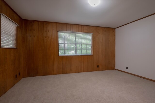 spare room featuring carpet floors, crown molding, and wood walls