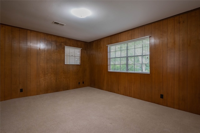 empty room featuring wooden walls and carpet floors