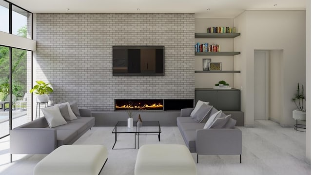 living room featuring brick wall, a brick fireplace, and tile flooring