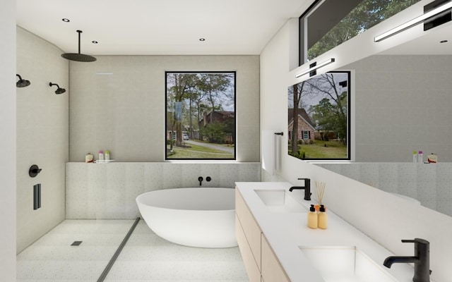 bathroom with tile walls and double vanity