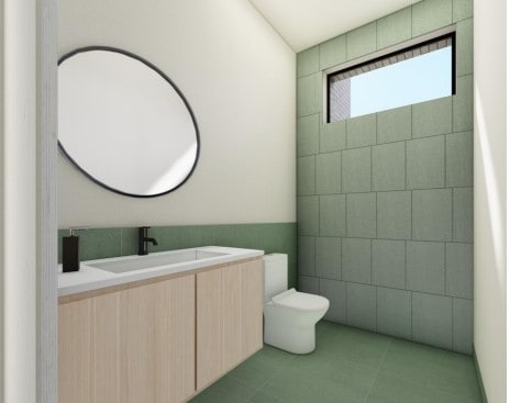 bathroom with tile floors, toilet, and vanity