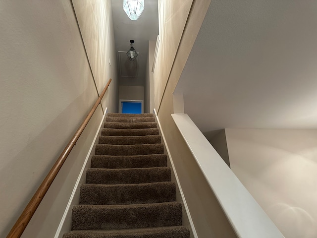 stairs featuring carpet flooring