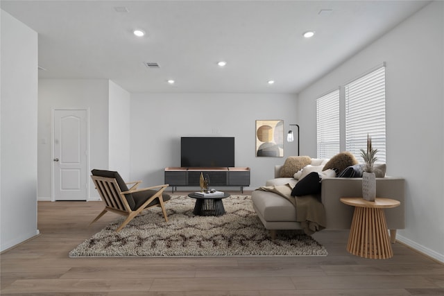 living room with light hardwood / wood-style flooring