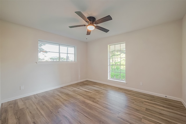 empty room with ceiling fan and light hardwood / wood-style flooring