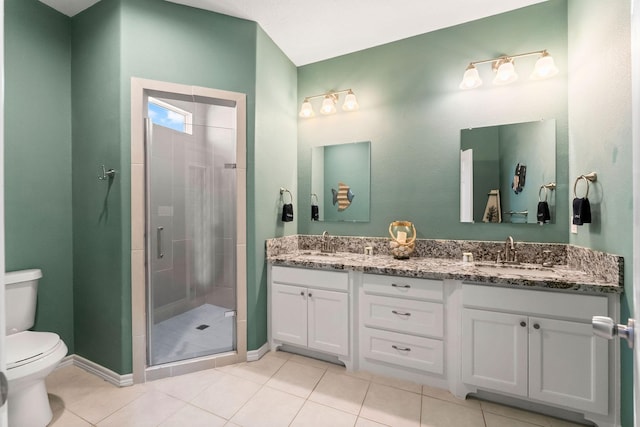 bathroom featuring vanity, walk in shower, tile patterned floors, and toilet