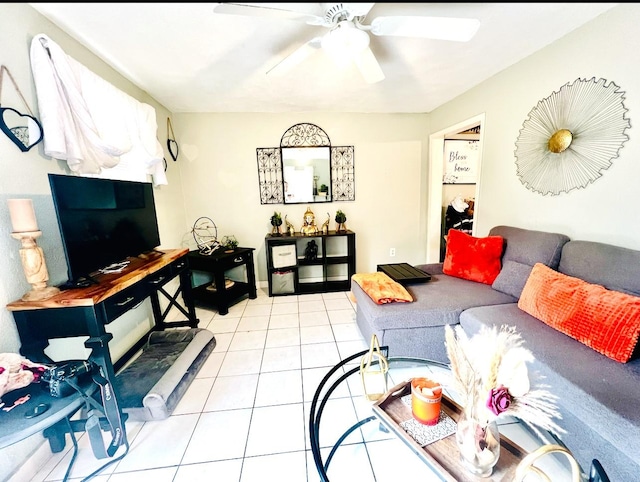 living room with light tile patterned floors and ceiling fan