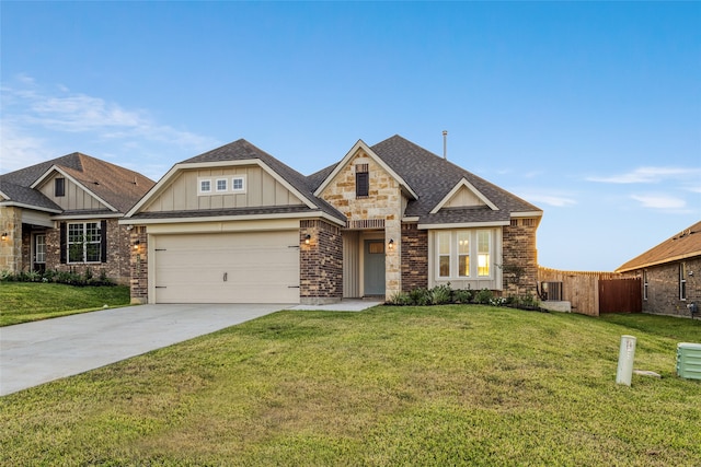 craftsman inspired home featuring central AC, a front lawn, and a garage