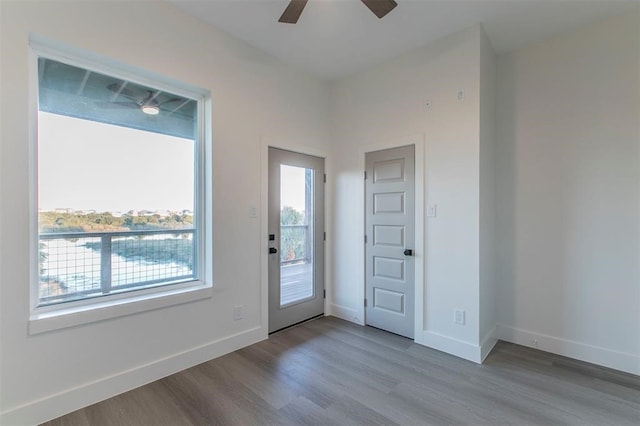 entrance foyer featuring wood-type flooring and ceiling fan