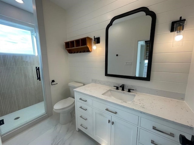 bathroom with tile flooring, walk in shower, vanity, and toilet