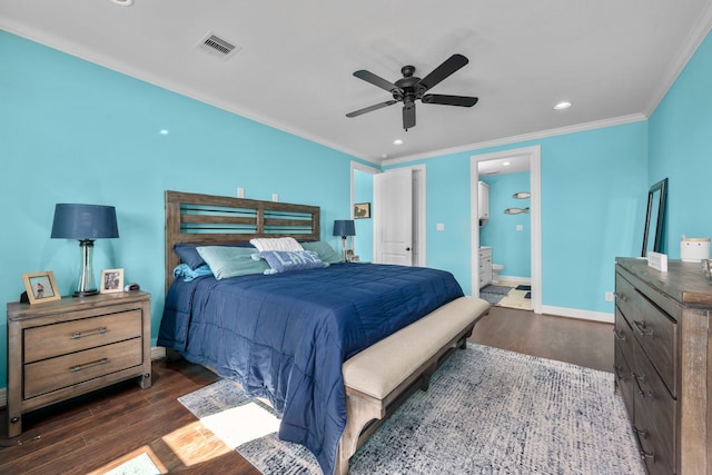 bedroom featuring ceiling fan, crown molding, connected bathroom, and dark wood-type flooring