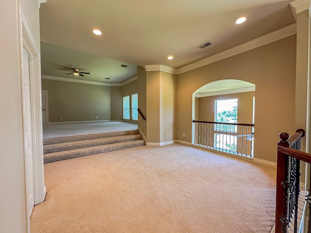 interior space with crown molding, carpet, and ceiling fan