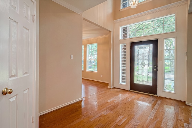 foyer entrance with light hardwood / wood-style floors and ornamental molding