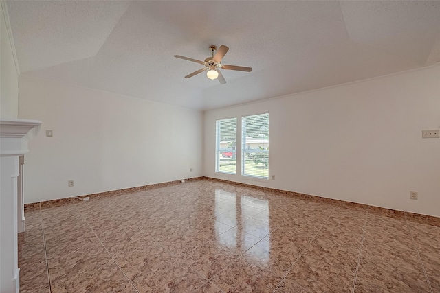 unfurnished living room with a textured ceiling, vaulted ceiling, ceiling fan, and light tile patterned flooring