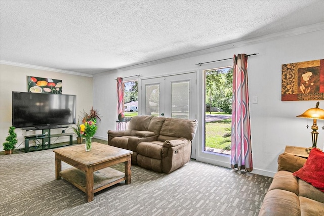 carpeted living room featuring crown molding, a wealth of natural light, and a textured ceiling