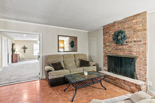 living room featuring brick wall, a fireplace, tile floors, crown molding, and a textured ceiling