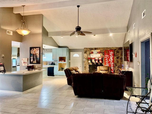 tiled living room with beam ceiling, high vaulted ceiling, and ceiling fan