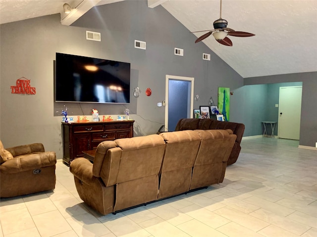 tiled living room featuring high vaulted ceiling, beam ceiling, and ceiling fan