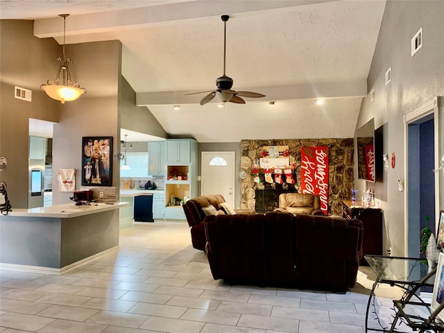 living room with high vaulted ceiling, ceiling fan, and light tile floors