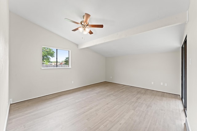 unfurnished room featuring light hardwood / wood-style floors, vaulted ceiling with beams, and ceiling fan