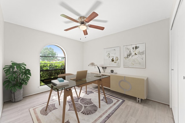 office space with ceiling fan and light hardwood / wood-style flooring