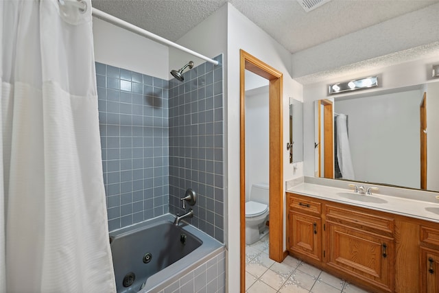 full bathroom featuring tile flooring, shower / bath combo, toilet, and large vanity