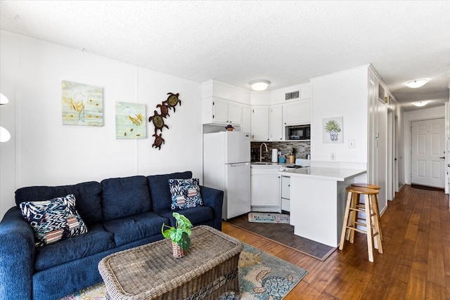 living room featuring dark wood-type flooring, sink, and a textured ceiling