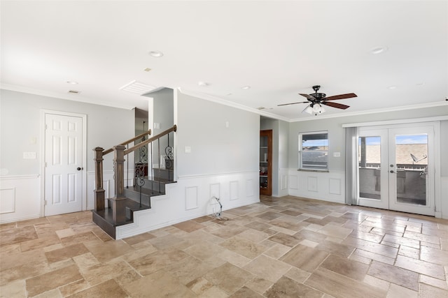 interior space with crown molding, french doors, ceiling fan, and light tile floors