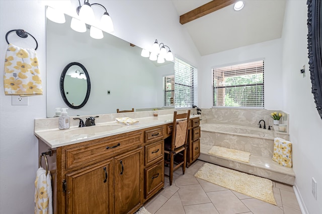 bathroom with tile flooring, lofted ceiling with beams, vanity, and a tub