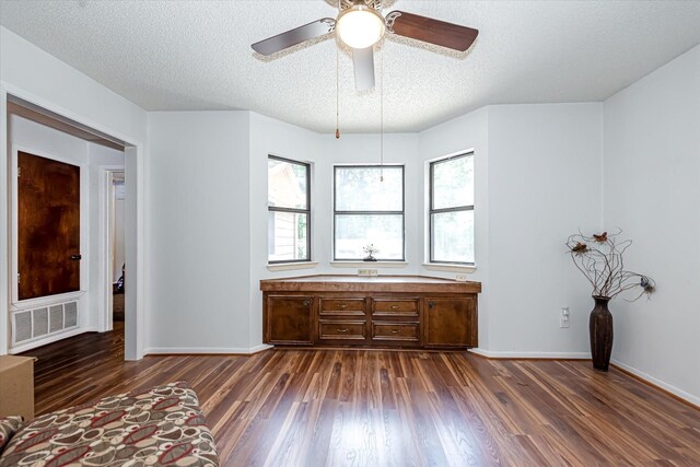 interior space featuring plenty of natural light, ceiling fan, a textured ceiling, and dark wood-type flooring