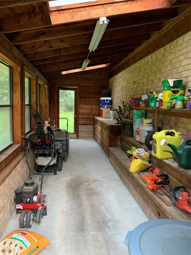 interior space featuring wood walls