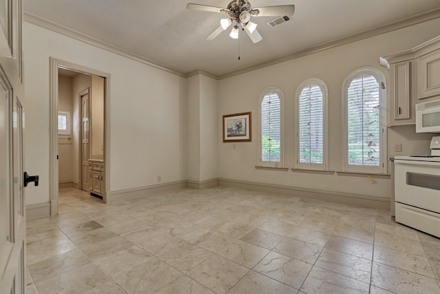 interior space with ceiling fan, white appliances, ornamental molding, and light tile floors