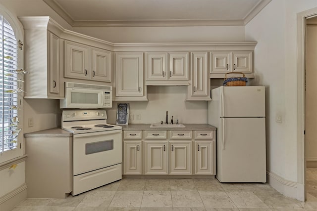 kitchen featuring sink, white appliances, ornamental molding, and light tile floors