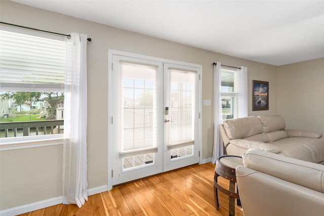 living room with french doors and light wood-type flooring